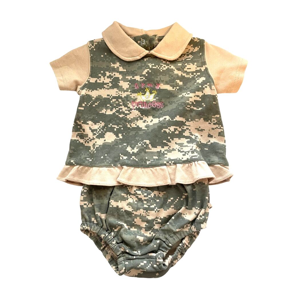 Tiny Trooper Short Sleeve Casual Dress Set Army Princess Ruffled Camo Size 6-9m